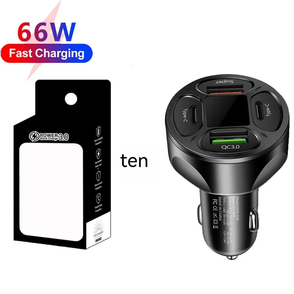 Black 66W car charger with digital display, two USB ports and two Type-C ports