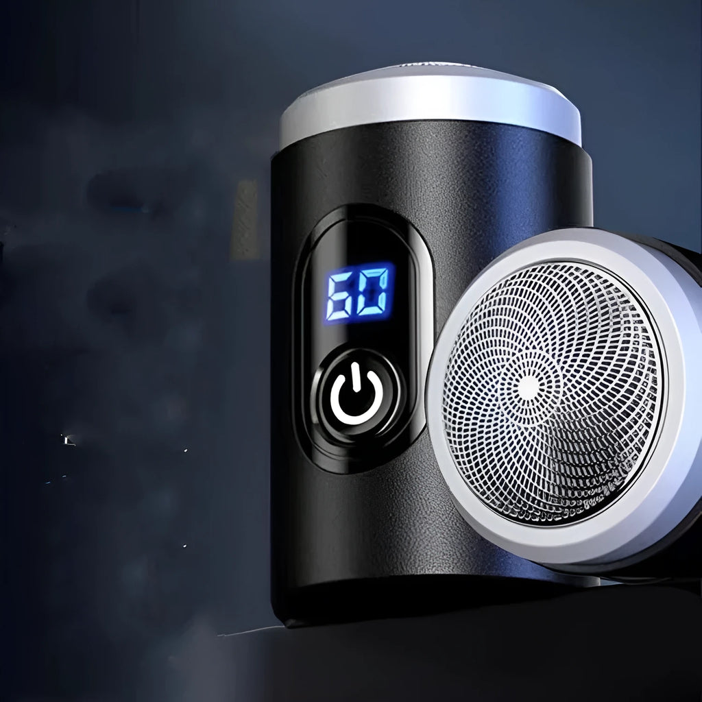 Black rechargeable USB shaver with LED display, cleaning brush, and protective cover