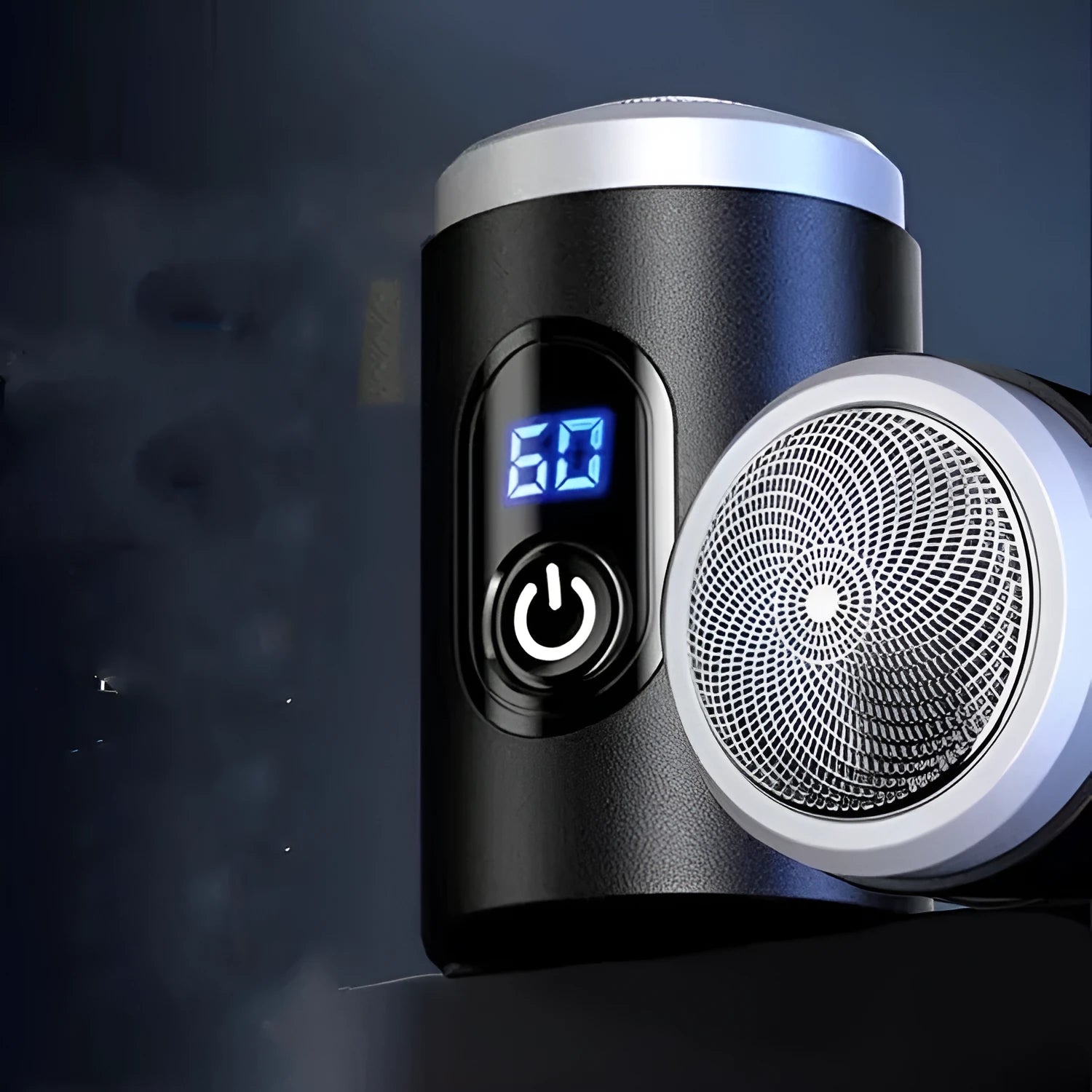 Black rechargeable USB shaver with LED display, cleaning brush, and protective cover