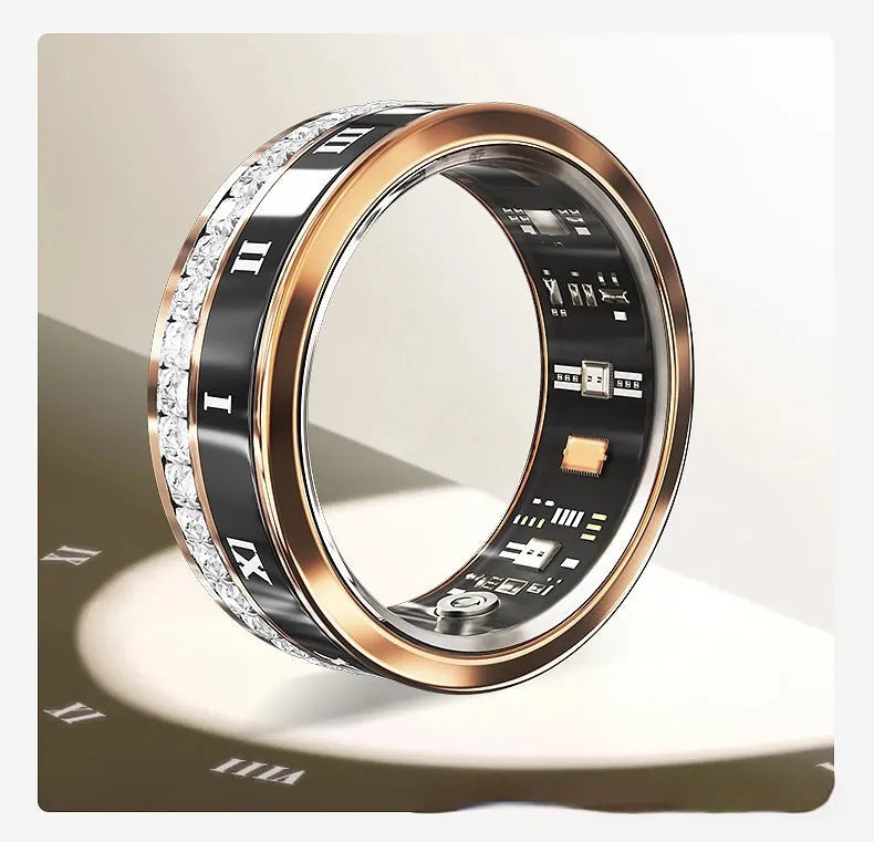 Gold and silver smart rings with diamond inlay for blood oxygen monitoring on a finger.