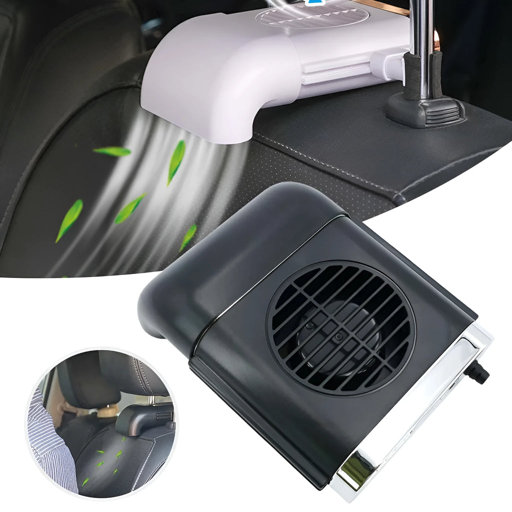 Black car seat cooling fan mounted on seat pillow rod with 3-speed adjustable USB and 50-inch cable