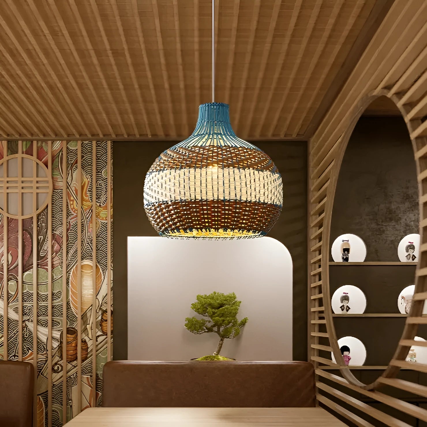Vine woven rattan pendant lamp with bamboo frame in pastoral southeast Asian style