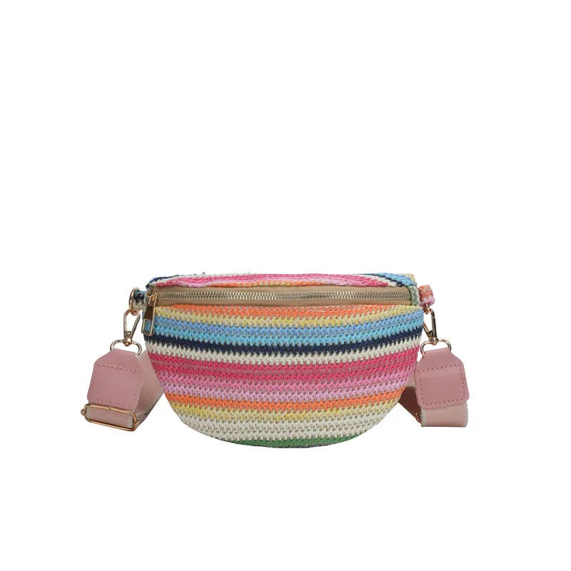 Women's pink and blue bohemian straw beach bag with shell shape and shoulder strap