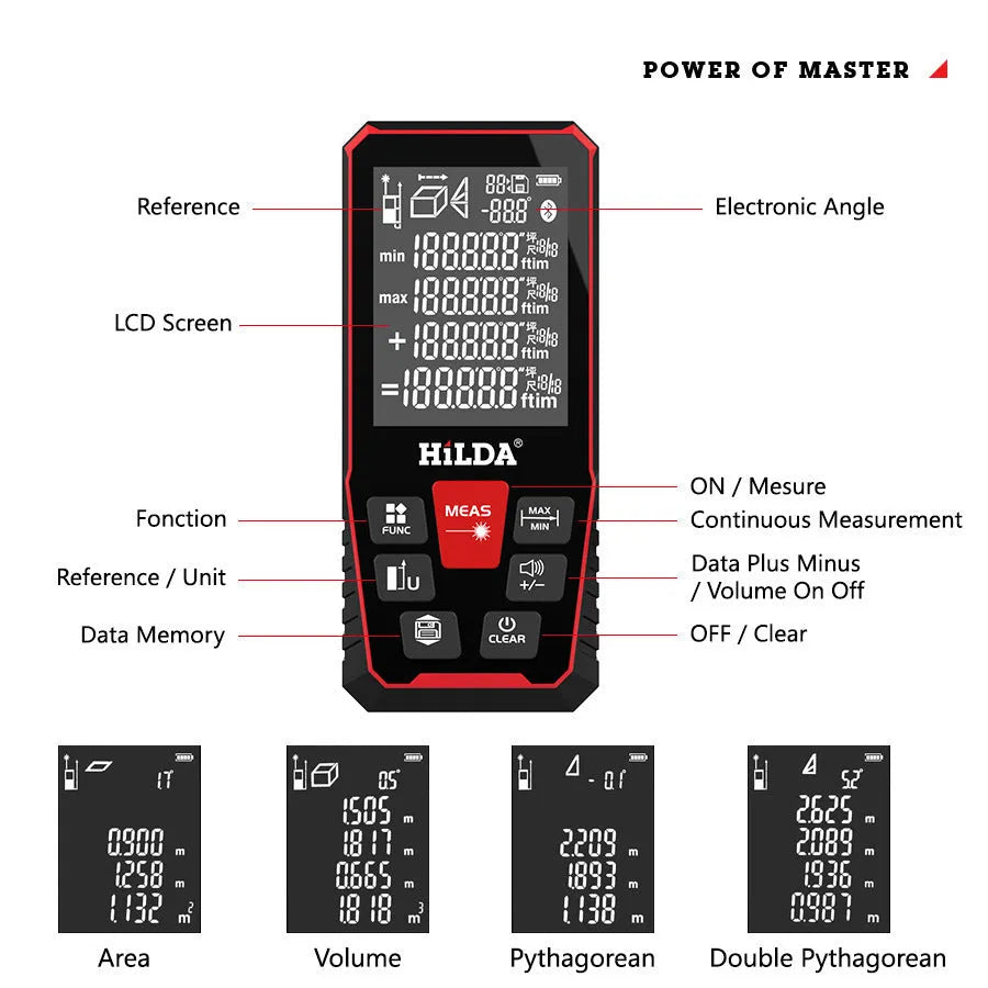 Handheld plastic digital laser rangefinder for measuring distances up to 120 metres.