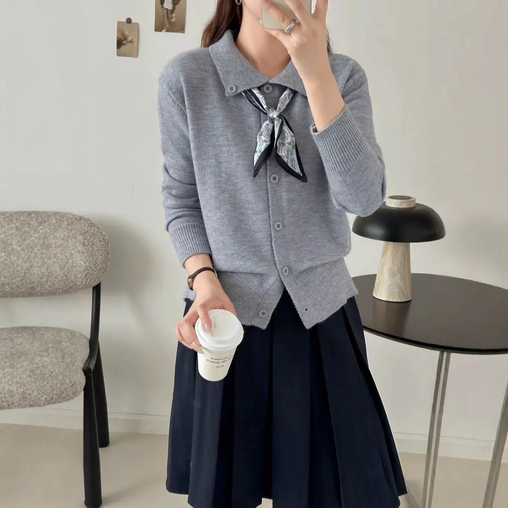 Lazy fashion cardigan sweater with lapel scarf collar in acrylic fabric