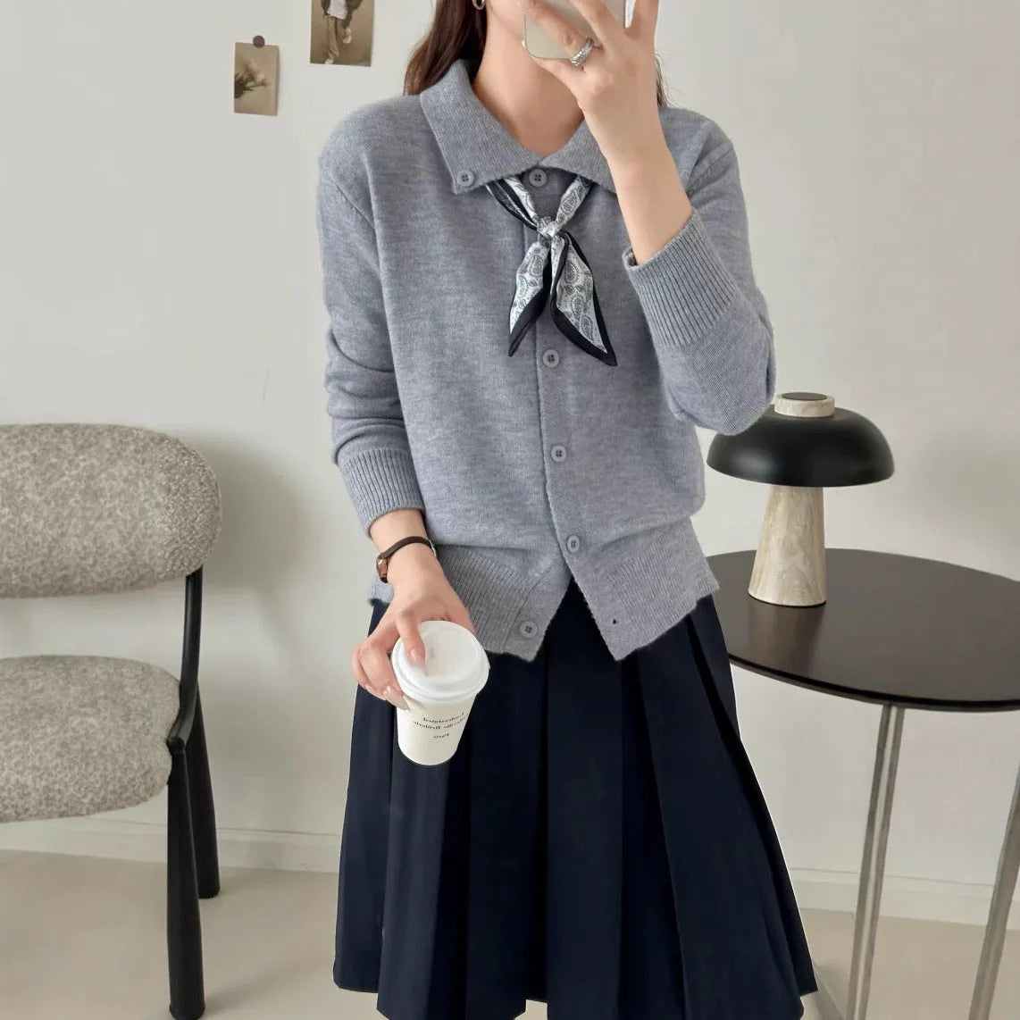 Lazy fashion cardigan sweater with lapel scarf collar in acrylic fabric