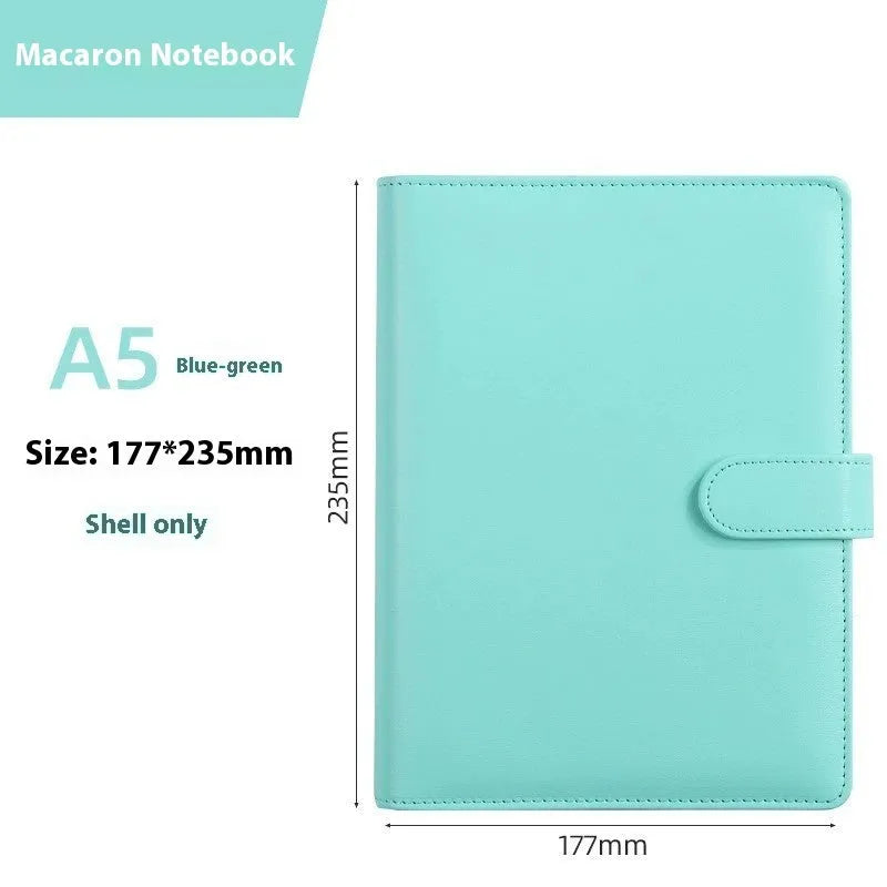 A5 PU leather zipper notebook shell in multiple solid colours, showing closed and open views.