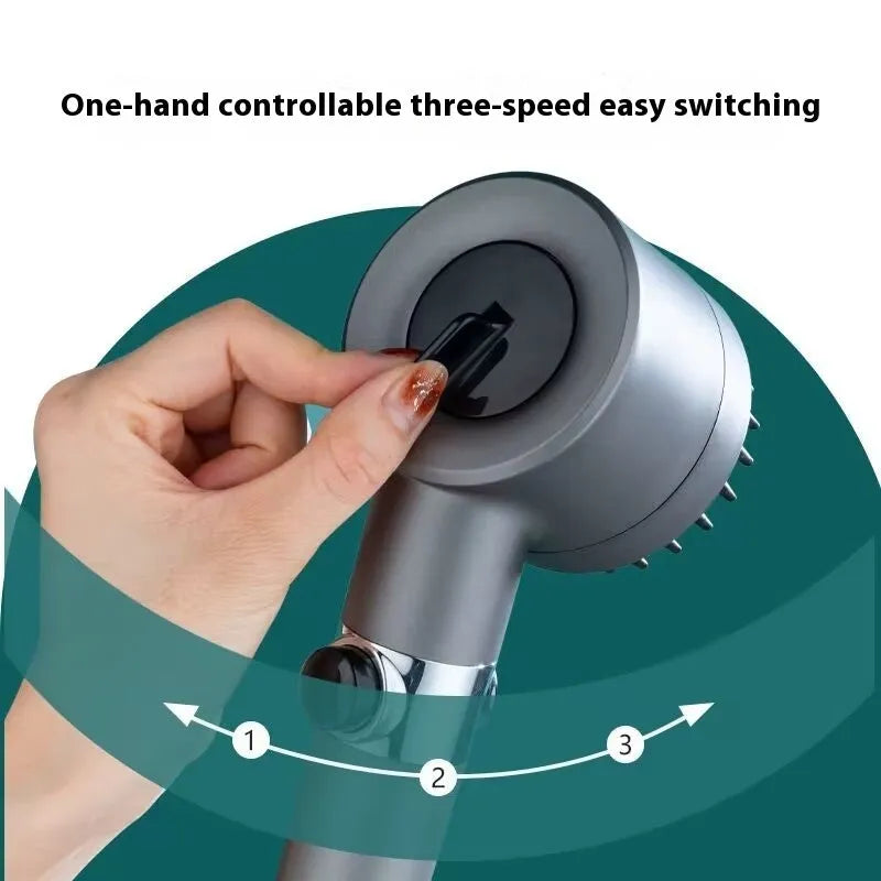 Strong Boost portable ABS plastic shower head with dial for spray, massage, and rain modes.