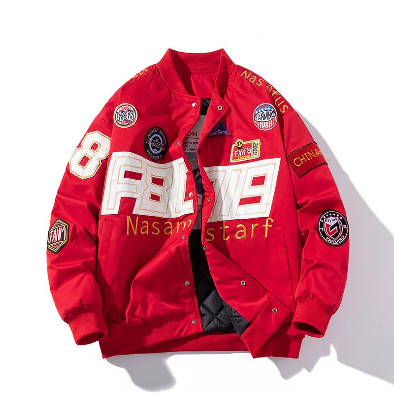 American motorcycle baseball uniform in black, blue, or red with removable hood and side pocket