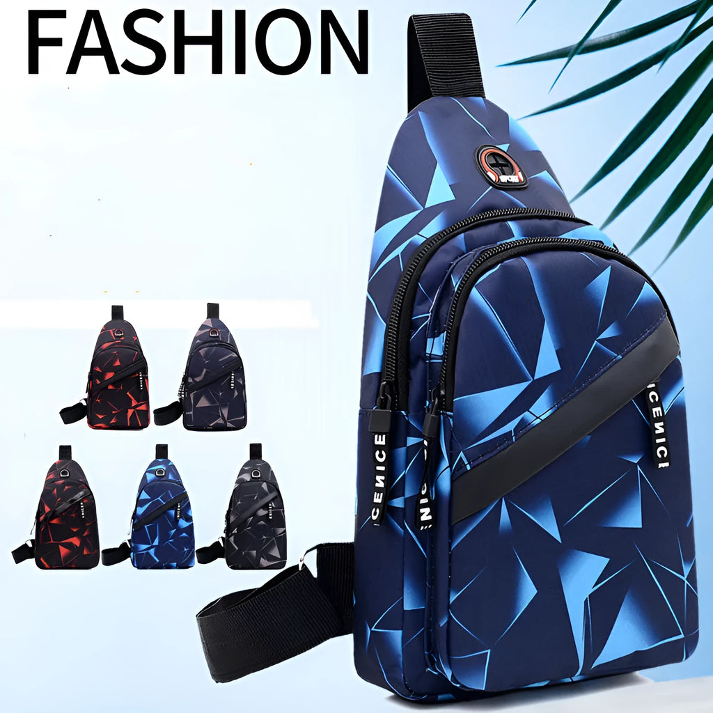 Men's blue crossbody sling bag with earphone hole showing square shape and strap