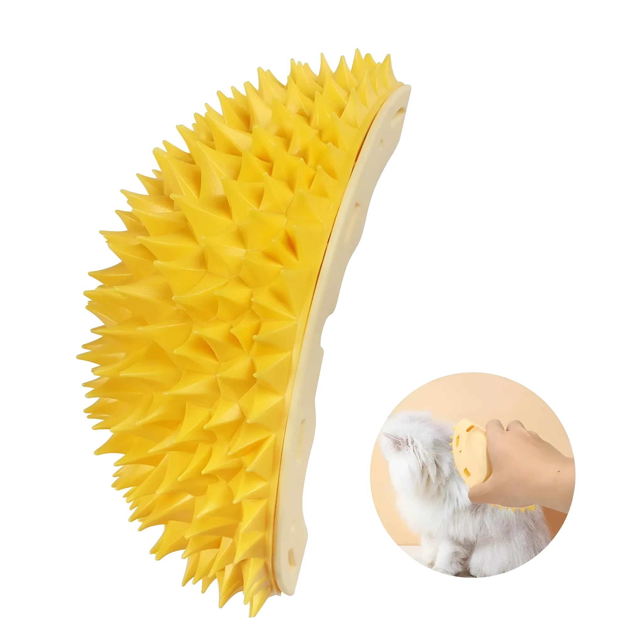 Yellow durian-shaped cat corner scratcher with spiky texture mounted on a wall