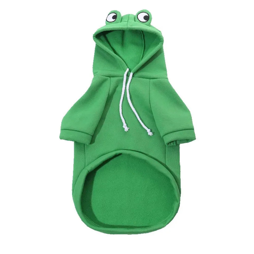 Green frog pattern hoodie costume on small dog with sweatshirt material and hood