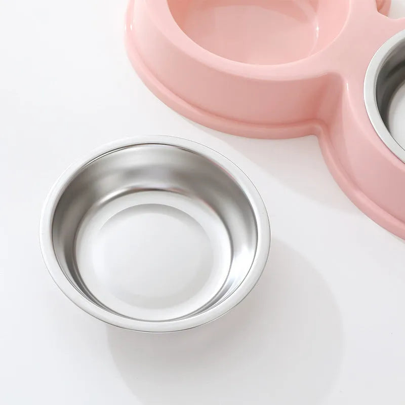 Stainless steel pet double bowl in frog shape for feeding and drinking water