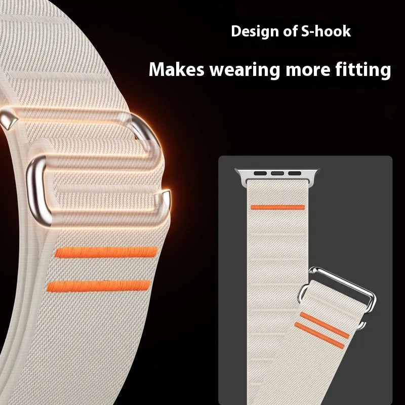 Elastic nylon Apple Watch replacement band with stainless steel buckle in multiple colour options.