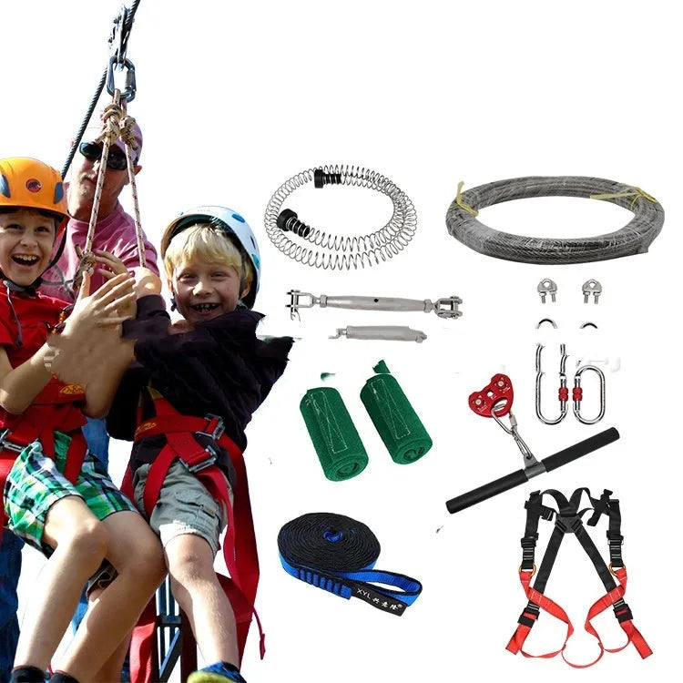 XYL Ziptreck Suit 10 metre pulley slide rope with handle and safety components for outdoor play