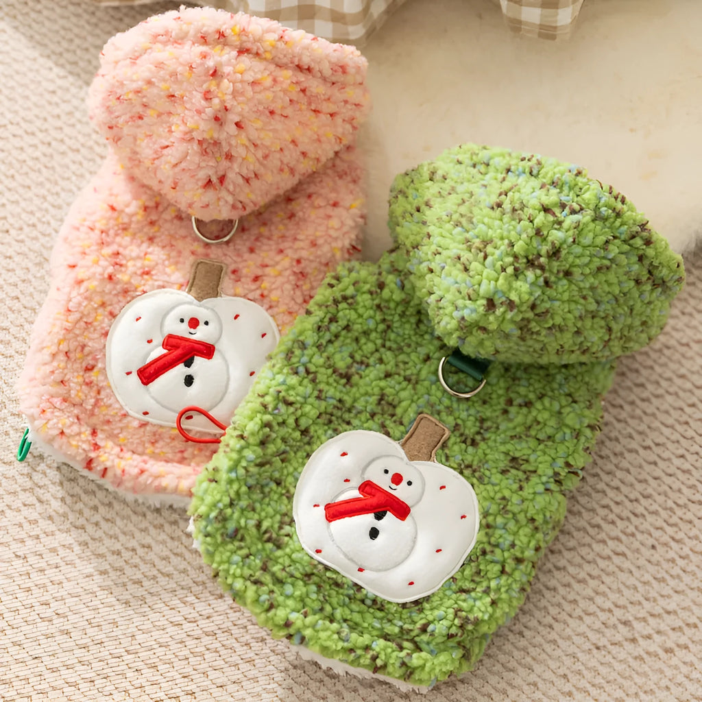 Christmas sherpa dog hoodie with colourful dots snowman embroidery pink green sizes XS-XXL