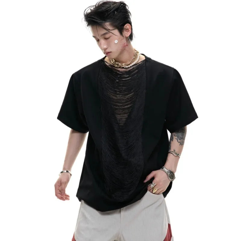 Men's black polyester t-shirt with V-neck hollow out design and loose fit