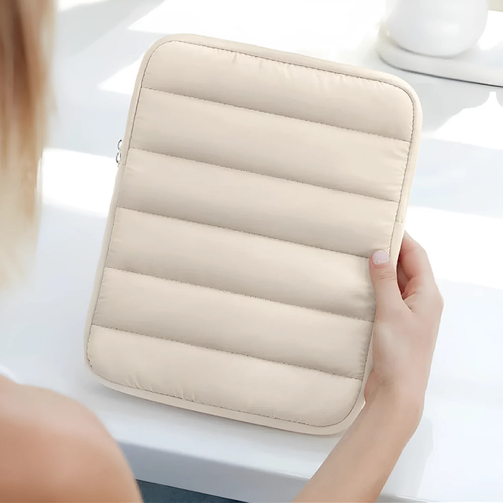 Fluffy air puff laptop sleeve with elastic sides in black colour protecting 11 inch device