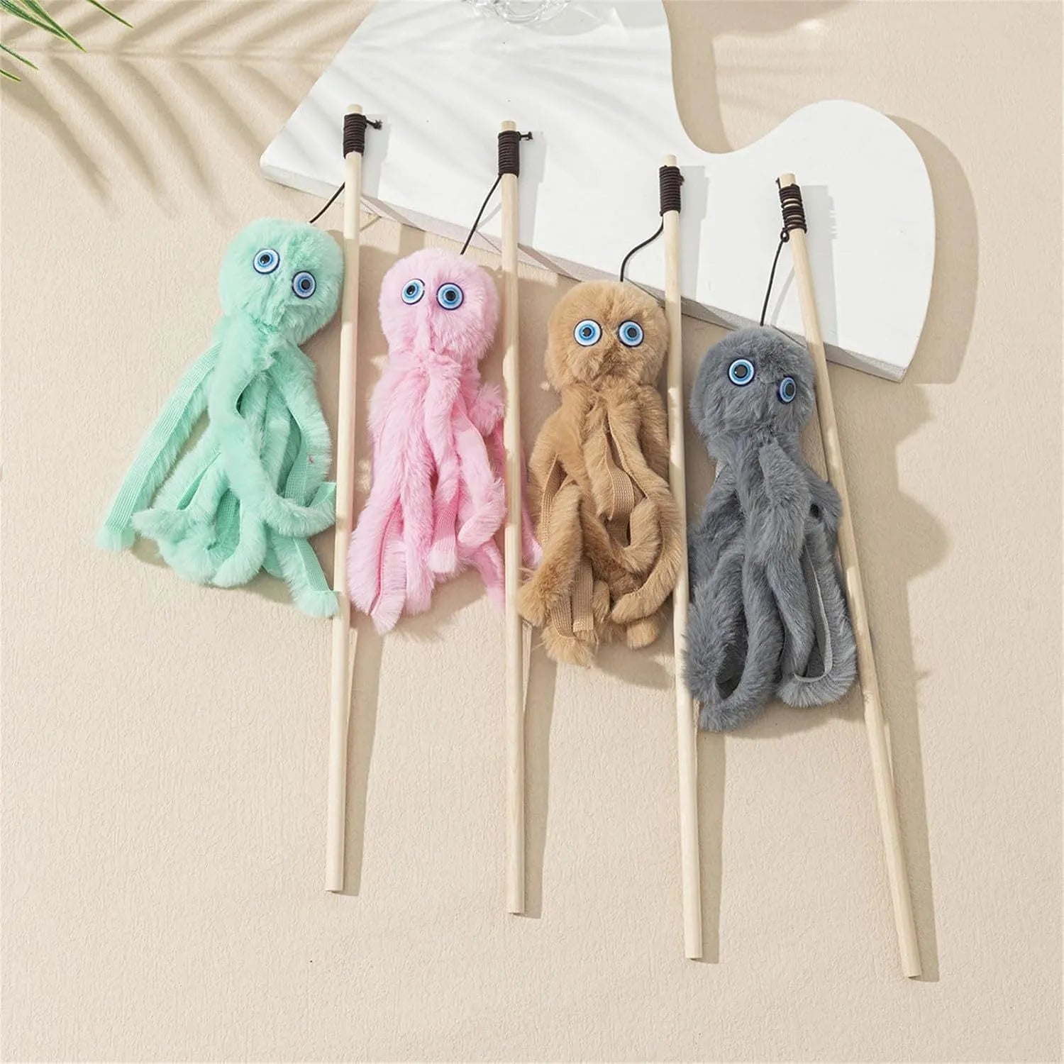 Colourful octopus cat toy with long stick for indoor feline entertainment