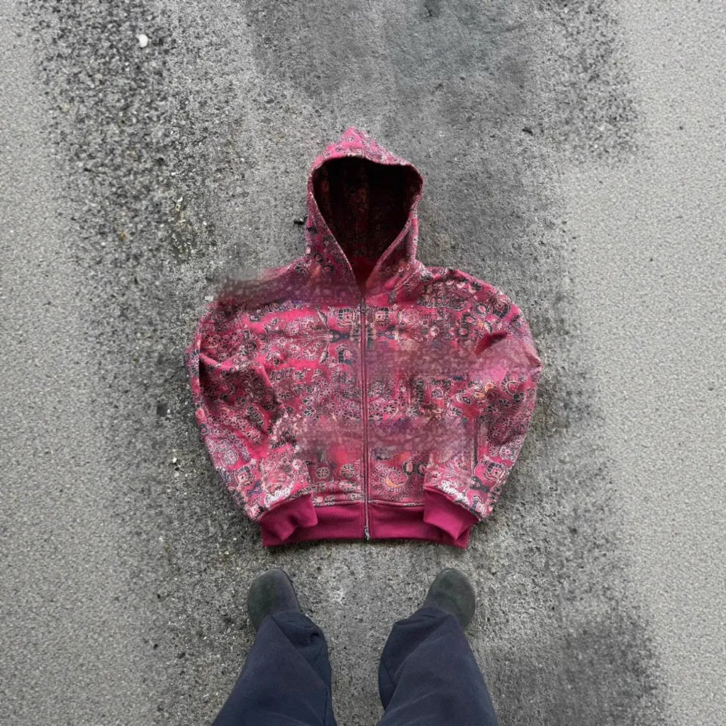 Men's blue loose fit zip hooded coat with digital printing, long sleeves and integrated hood