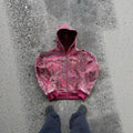 Men's blue loose fit zip hooded coat with digital printing, long sleeves and integrated hood