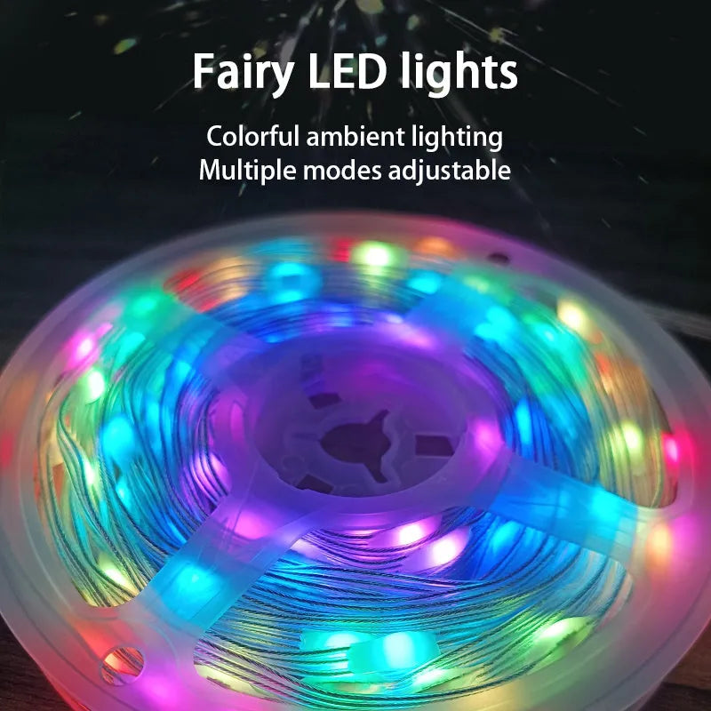 10-metre long multi-colour LED festival light string with 100 bulbs, showing eight different lighting modes.