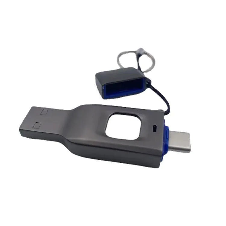 Black fingerprint-encrypted USB flash drive showing USB 3.0 and Type-C connectors