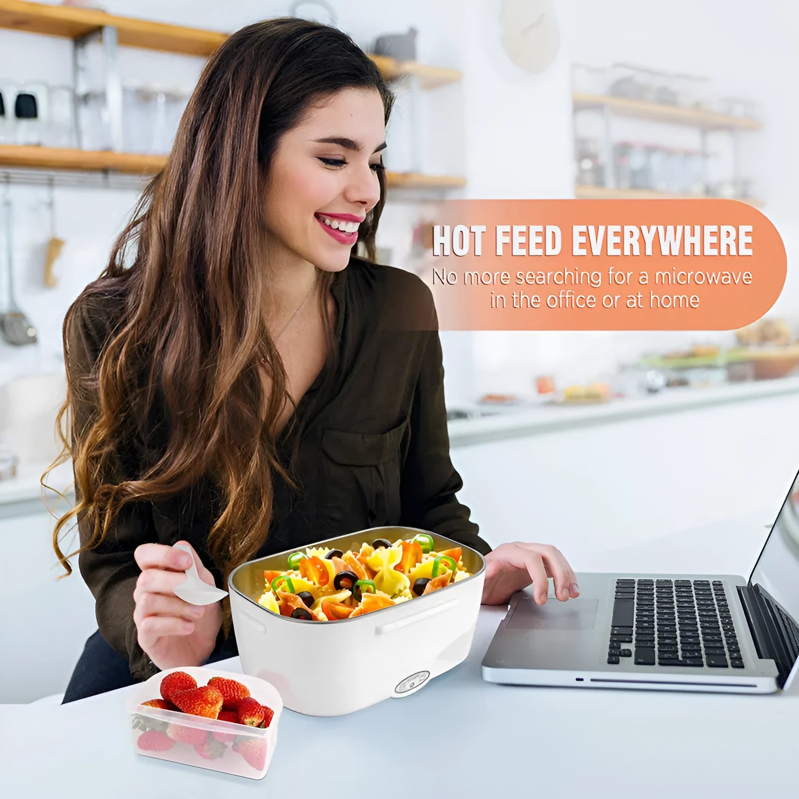 Grey dual-power electric lunch box with car and home compatibility showing mechanical controls
