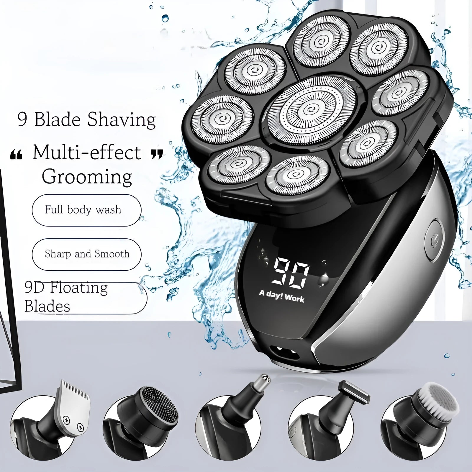 Black 6-in-1 rechargeable multifunctional haircut suit with hair clipper, shaver, trimmer, and attachments on a white background