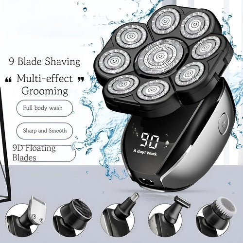 Black 6-in-1 rechargeable multifunctional haircut suit with hair clipper, shaver, trimmer, and attachments on a white background