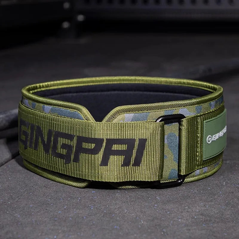 Abdominal exercising fitness band for waist support during weightlifting and squat training.
