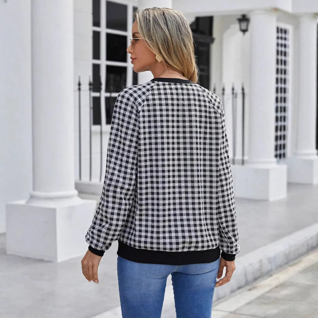 Black Japanese sweet plaid pullover long sleeve polyester sweater with striped pattern
