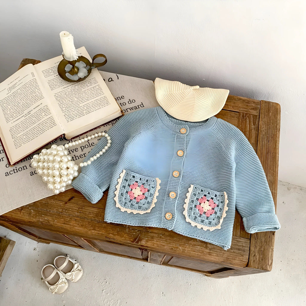 Children's hand crochet cotton cardigan in smokey blue with round collar and hollow flower pocket