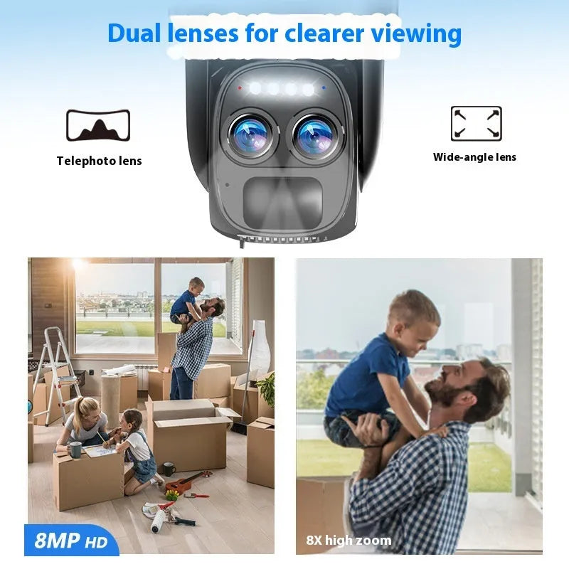 Solar-powered security camera with 8x zoom lens and dual 4G/WiFi connectivity for home surveillance
