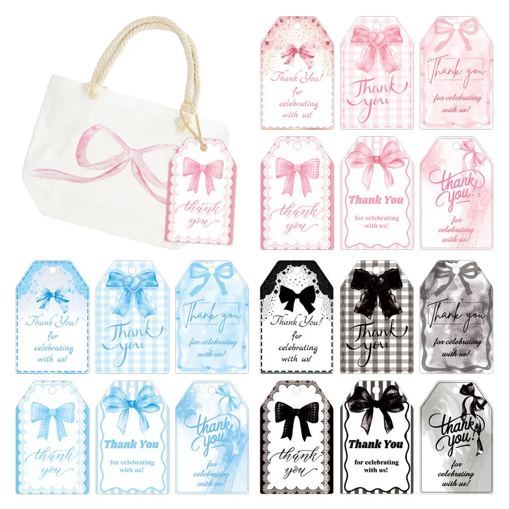 Birthday gift tags with bowknot designs in three styles including hemp rope