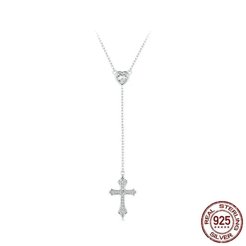 Simple silver love cross pendant on a V-neck O-ring chain, colour BSN384.