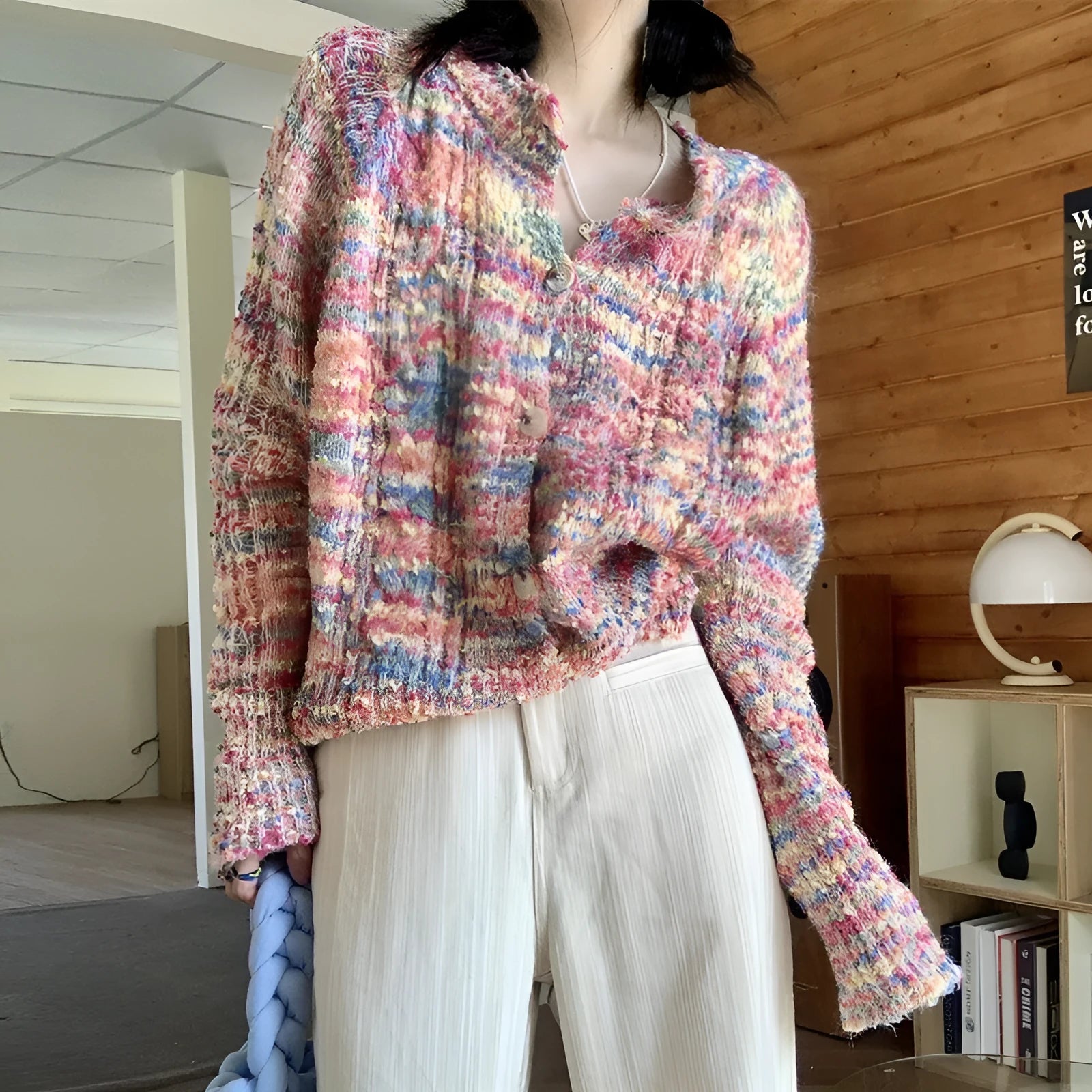 Rainbow knitted cardigan sweater in gentle idle style with slim fit and free size