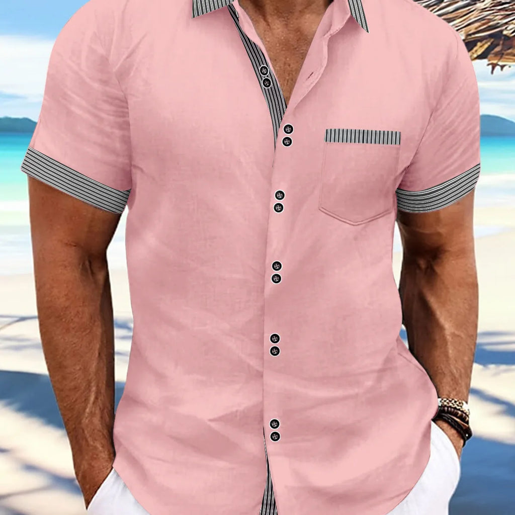 Double button striped casual shirt in pure cotton with slim fit and short sleeves