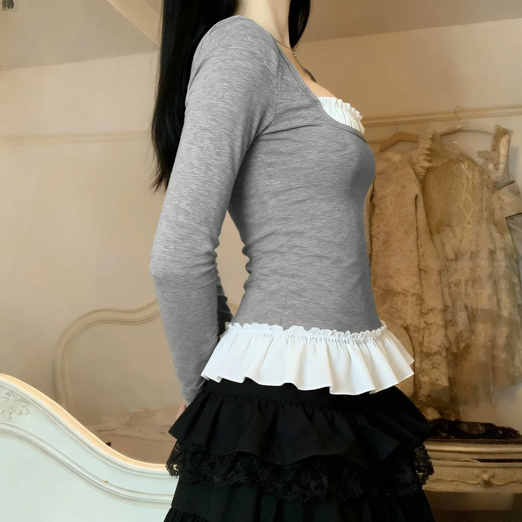 Women's casual fake two-piece lace long sleeve t-shirt in gray slim fit