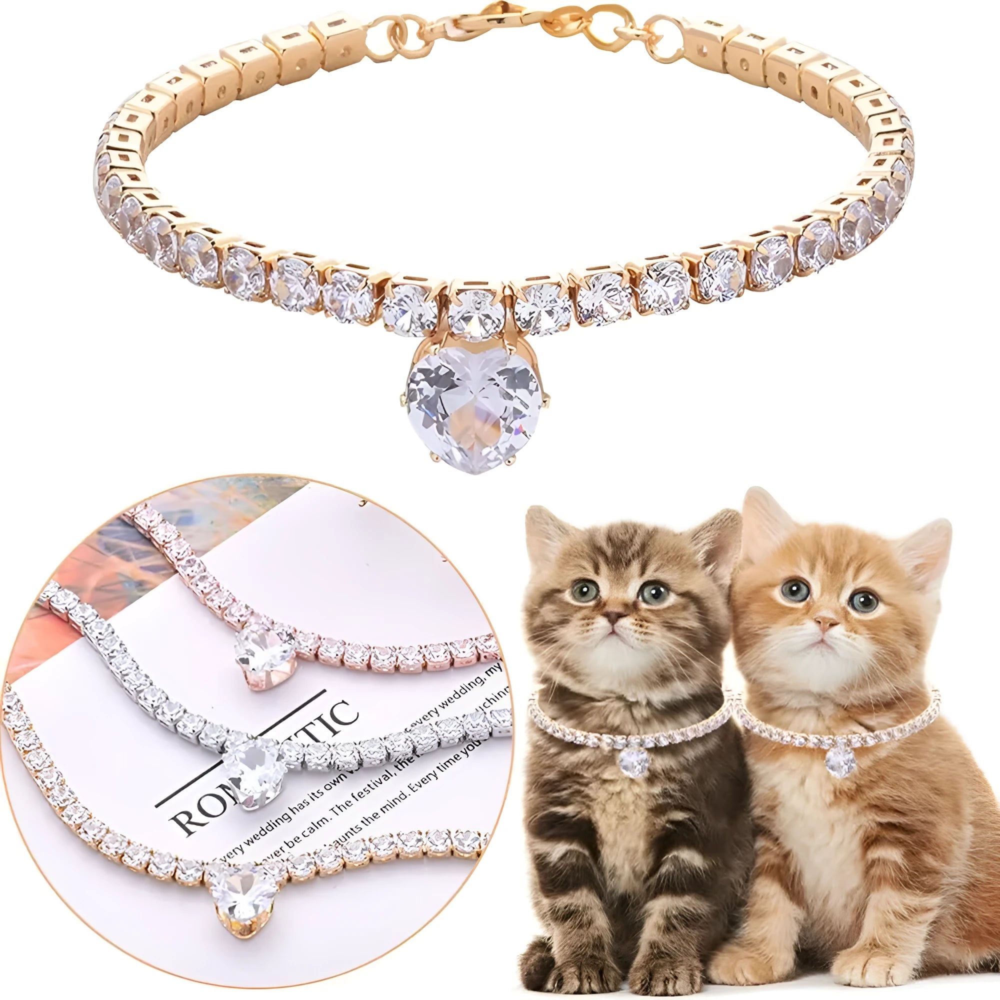 Gold rhinestone heart-shaped decorative collar for a dog or cat on a white background.
