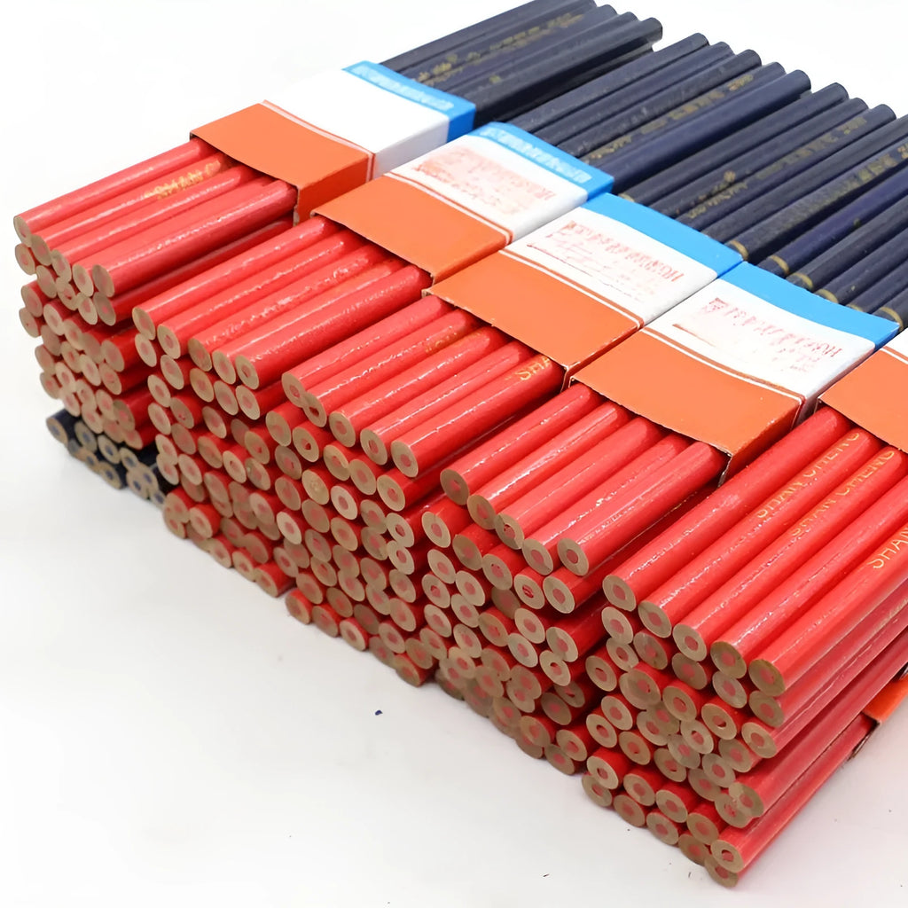 Red and blue two-colour carpenter's pencil in round wooden design - 10 piece pack