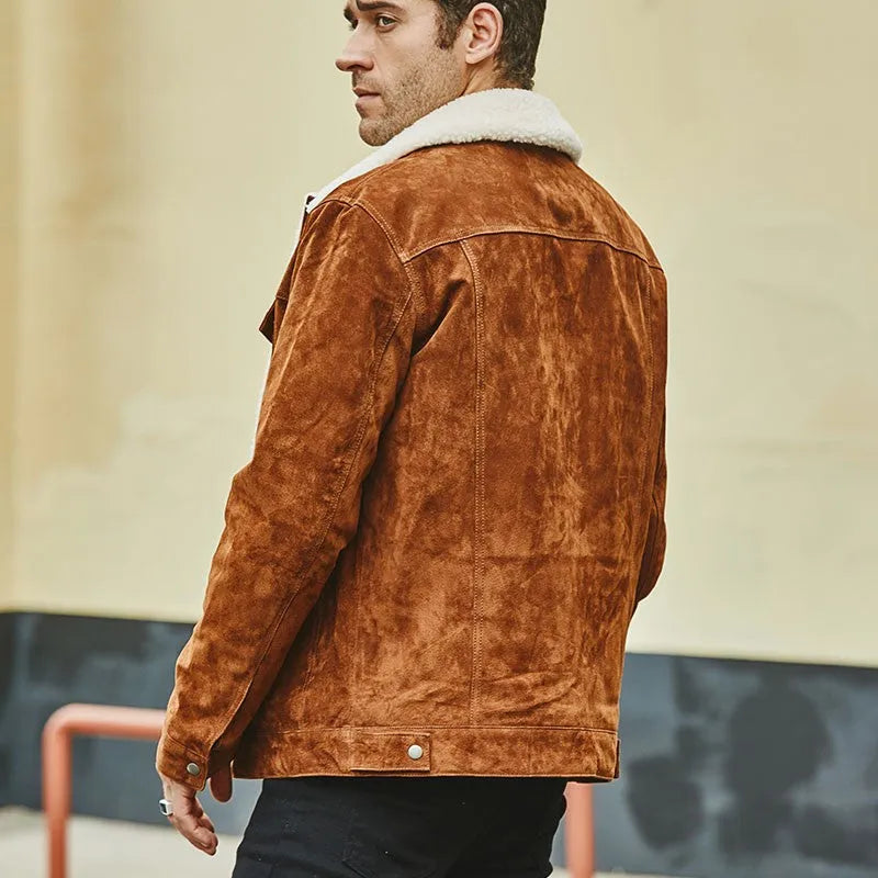 Men's genuine brown pigskin leather jacket with cotton padding and lapel collar