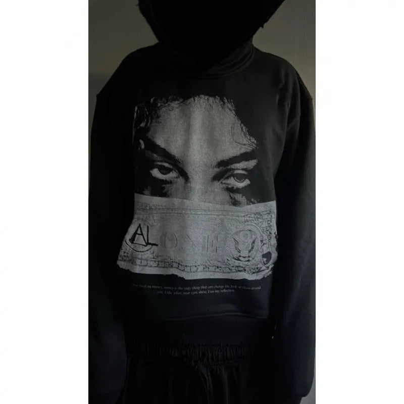 Women's dark printed cartoon pattern hooded sweater, loose fit, polyester fabric, black, sizes S to 5XL