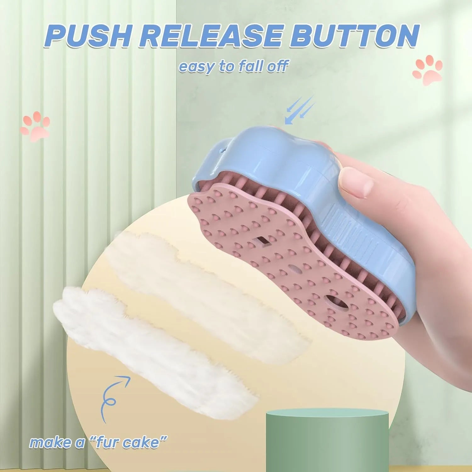 Blue self-cleaning cat steam brush with silicone bristles and a release button for pet grooming