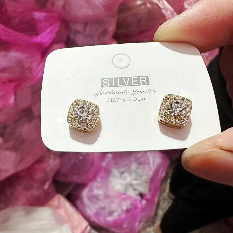 Square geometric diamond earrings for women in silver and gold alloy colours