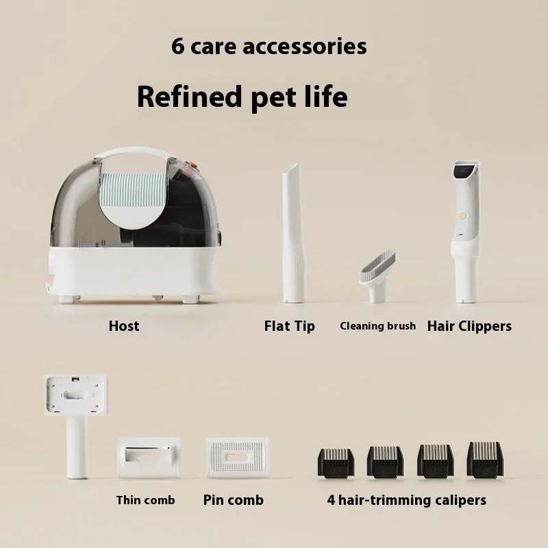 Pink and white multifunctional pet grooming vacuum cleaner with hose, shear, and comb attachments