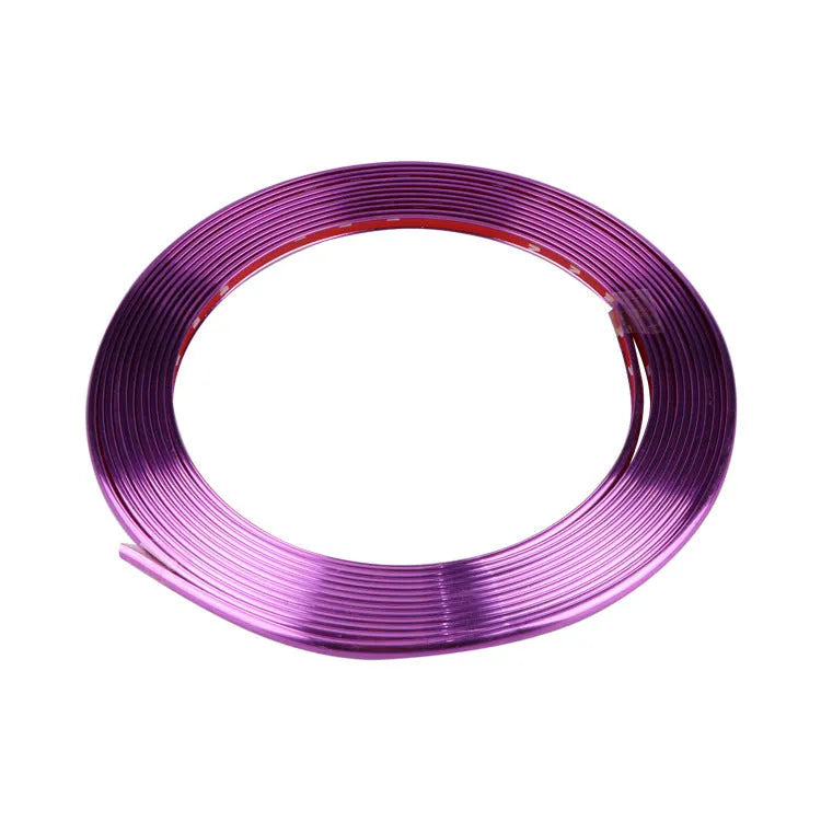 Electroplated purple PVC wheel hub trim stickers showing 8-metre anti-collision strip roll