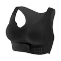 Women's front buckle yoga bra in black, showing back shaping design and adjustable front closure.