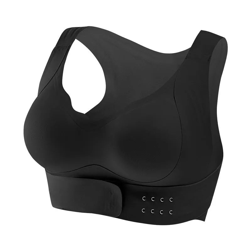 Women's front buckle yoga bra in black, showing back shaping design and adjustable front closure.