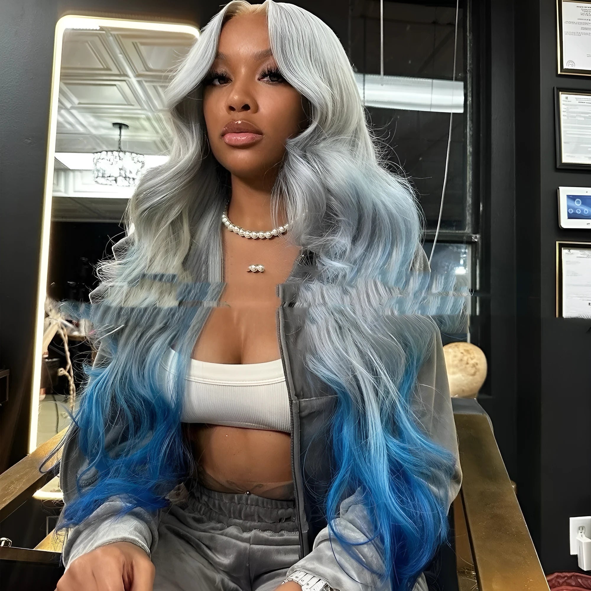 Grey blue gradient colour lace front human hair wig with 4x4 specifications and natural-looking hairline